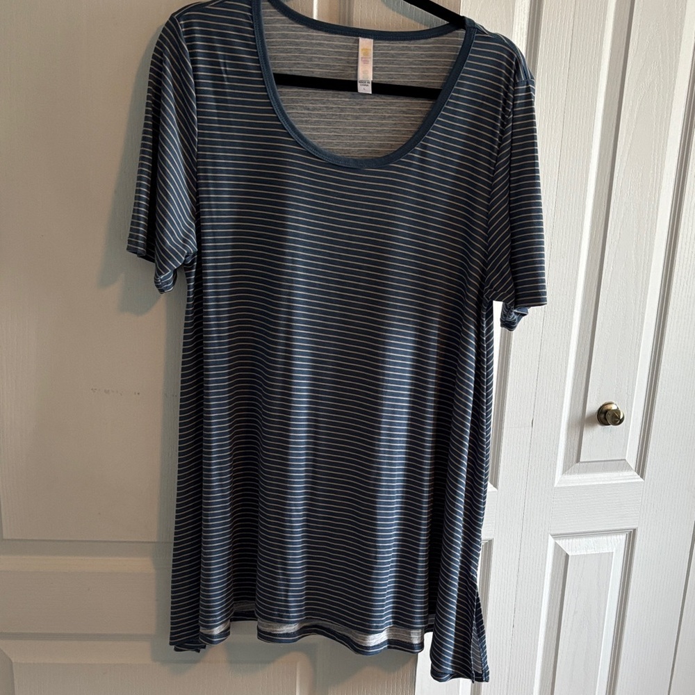 LuLaRoe Perfect T EUC Blue and tan Striped Short Sleeve Tee
